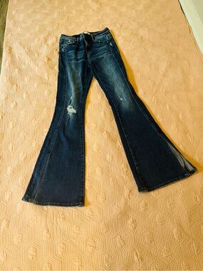 Dark Indigo Flare Jeans with Distressed Details